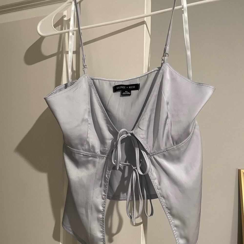 Silence + Noise Blue-Gray Satin Tie-Front Cami Top